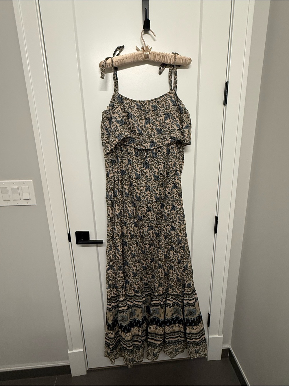 Free People Beige and Navy Floral Maxi Dress with Tie Straps - Picture 2 of 5